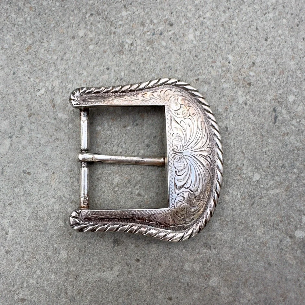 VTG Western Silverplate Belt Buckle‎ Engraved Floral Scroll Cowboy Rope Border